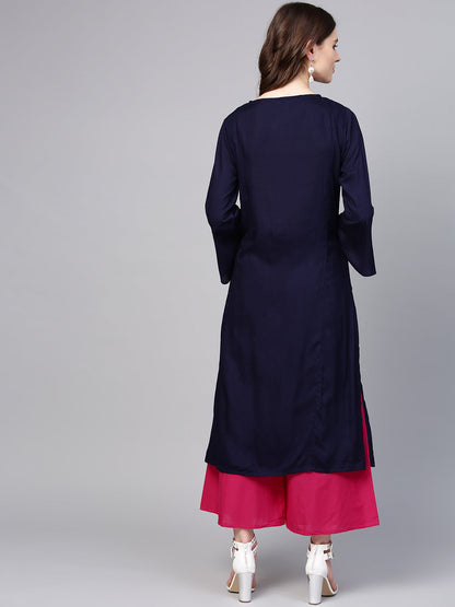 Women's Blue Yoke Design Kurta With Pink Solid Palazzos