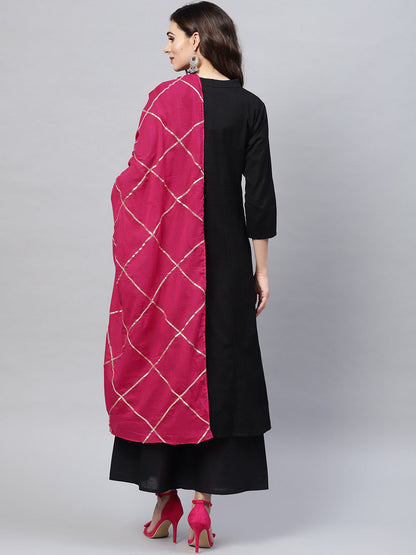 Women's Black Self Design Kurta With Palazzos & Dupatta