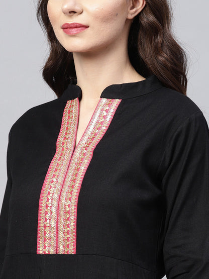 Women's Black Self Design Kurta With Palazzos & Dupatta