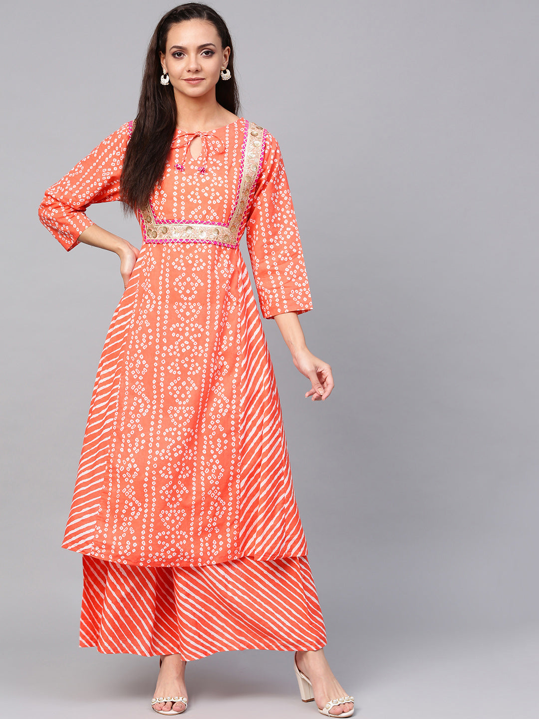 Women's Orange Bandhej Lace Work Kurta With Palazzos