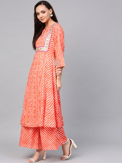 Women's Orange Bandhej Lace Work Kurta With Palazzos