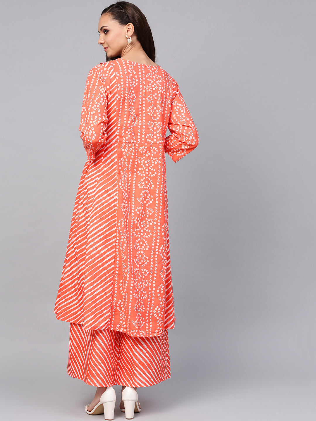 Women's Orange Bandhej Lace Work Kurta With Palazzos
