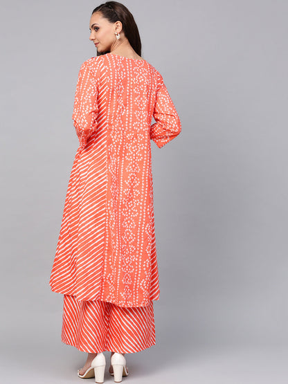 Women's Orange Bandhej Lace Work Kurta With Palazzos