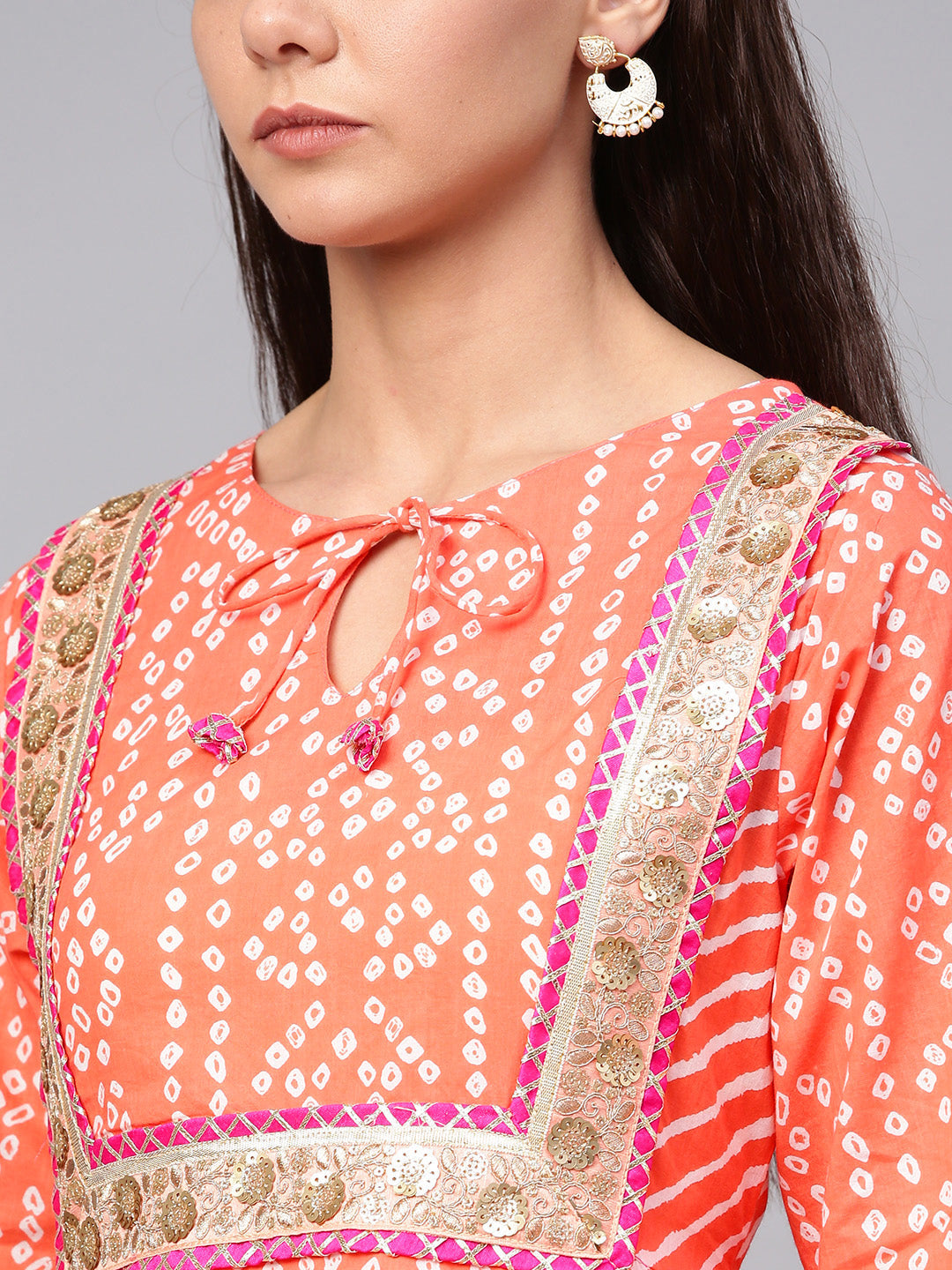 Women's Orange Bandhej Lace Work Kurta With Palazzos