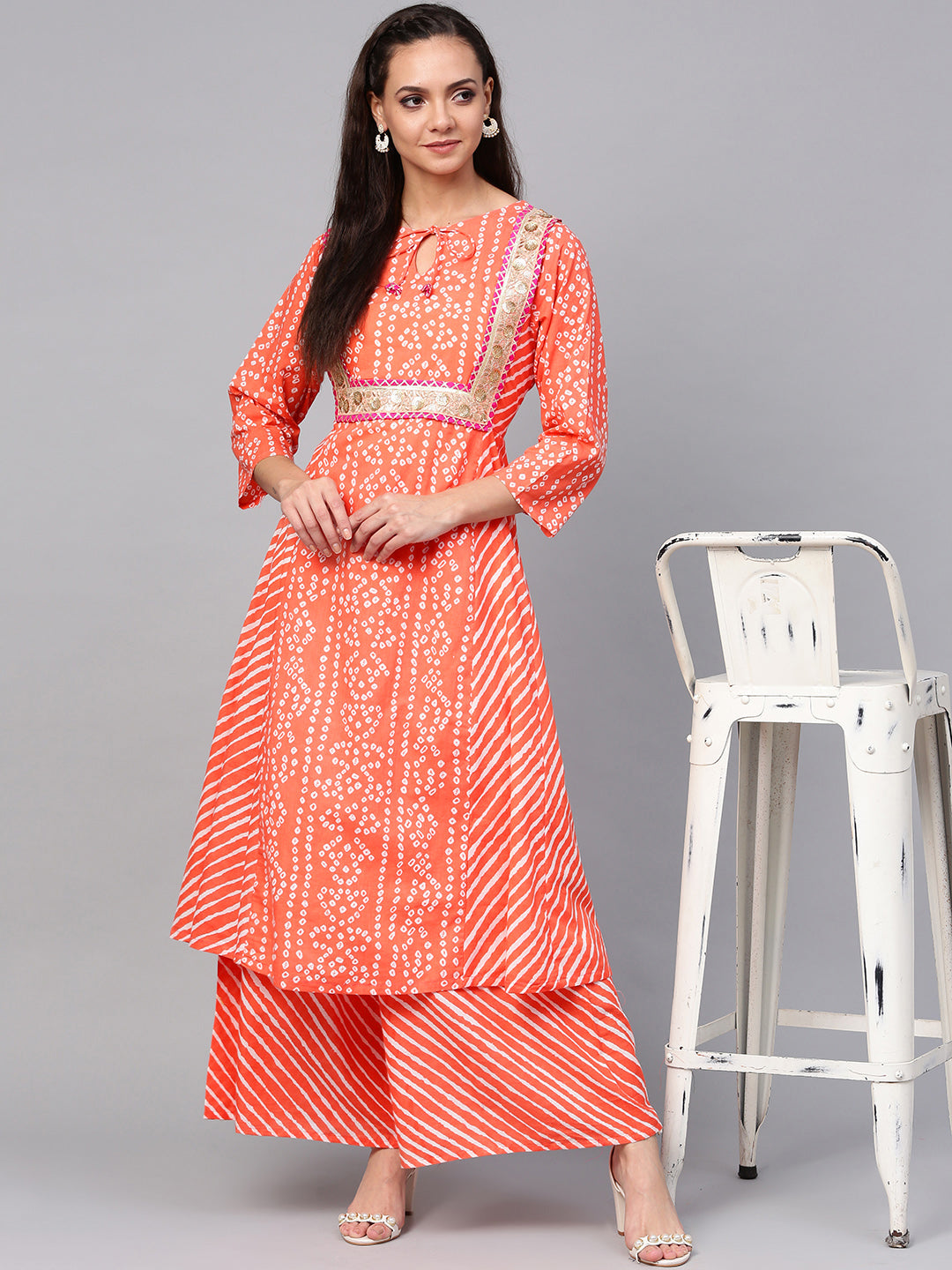 Women's Orange Bandhej Lace Work Kurta With Palazzos