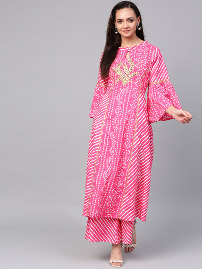 Women's Pink And White Bandhani Print Kurta With Palazzos
