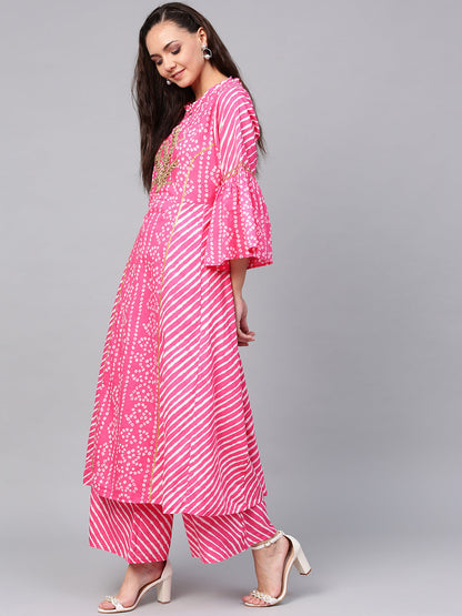 Women's Pink And White Bandhani Print Kurta With Palazzos
