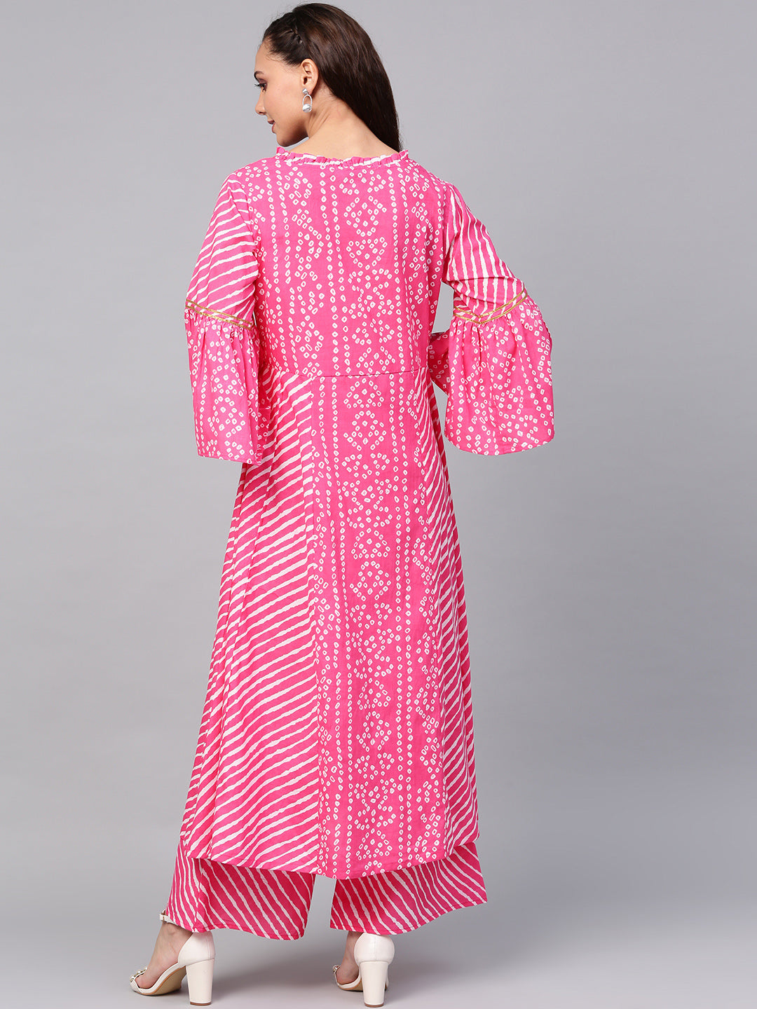 Women's Pink And White Bandhani Print Kurta With Palazzos