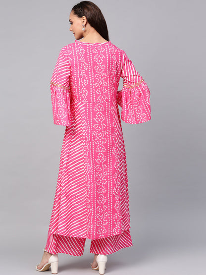 Women's Pink And White Bandhani Print Kurta With Palazzos