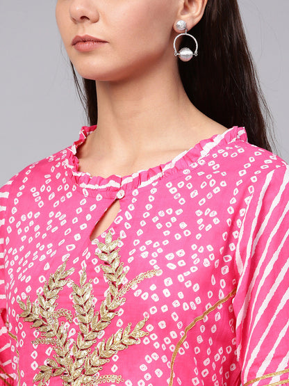 Women's Pink And White Bandhani Print Kurta With Palazzos