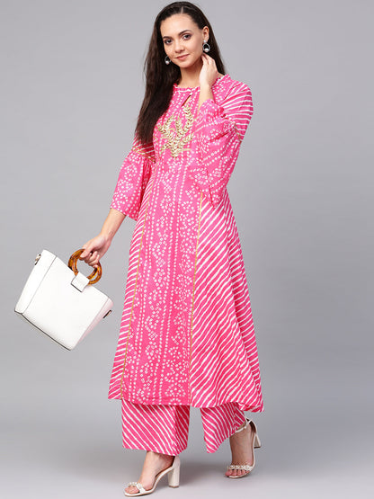 Women's Pink And White Bandhani Print Kurta With Palazzos