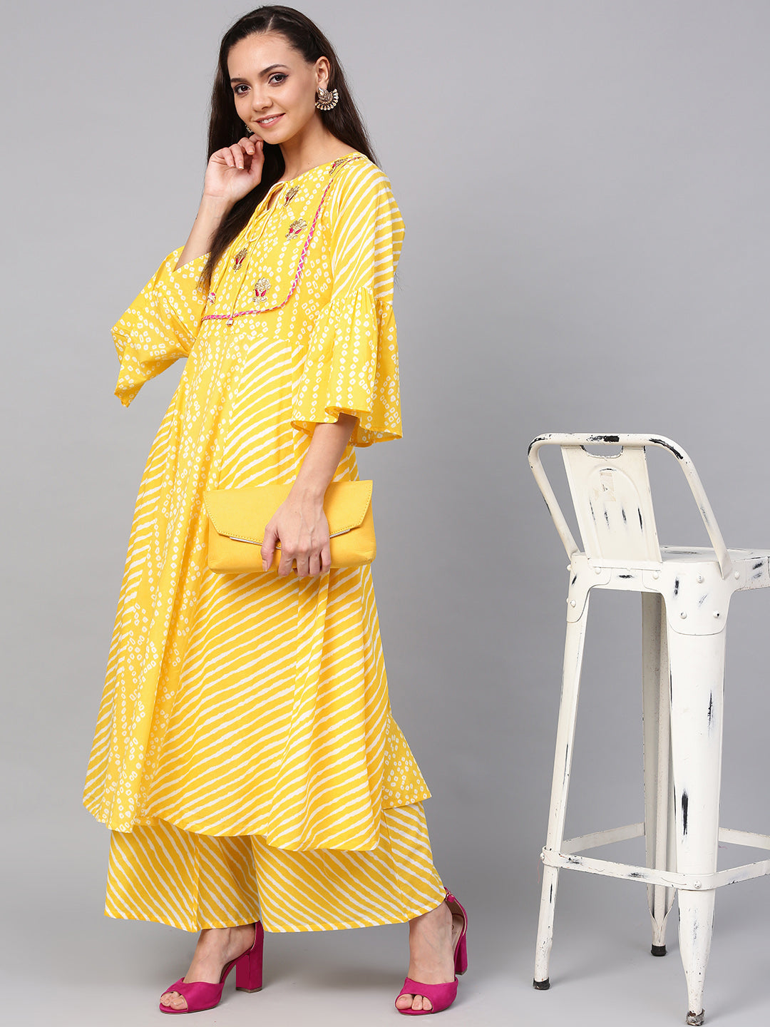 Women's Yellow & White Bandhani Print Kurta With Palazzos