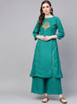 Women's Coral Pink And Golden Printed Kurta With Palazzos