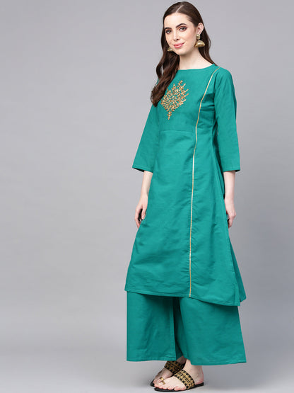 Women's Coral Pink And Golden Printed Kurta With Palazzos