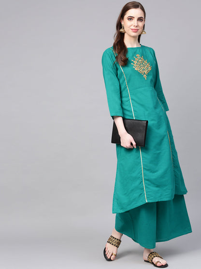 Women's Coral Pink And Golden Printed Kurta With Palazzos