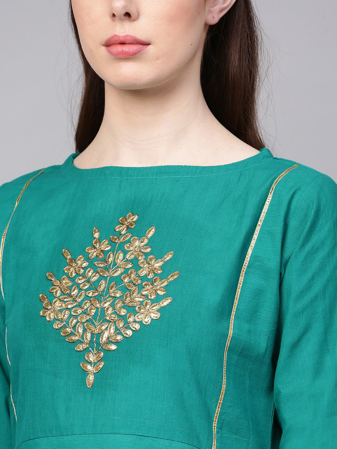 Women's Coral Pink And Golden Printed Kurta With Palazzos
