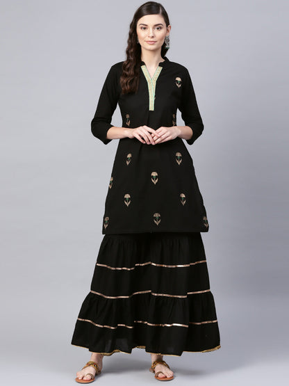 Women's Black Foil Print Kurta With Black Gotta Details Sharara