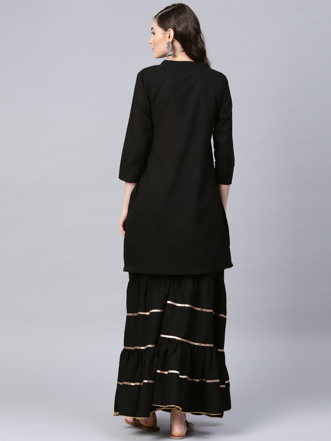 Women's Black Foil Print Kurta With Black Gotta Details Sharara
