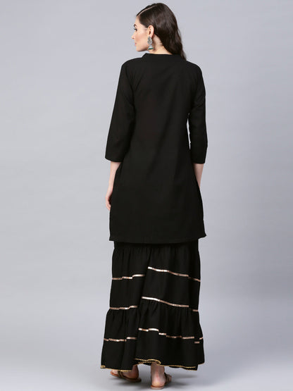 Women's Black Foil Print Kurta With Black Gotta Details Sharara