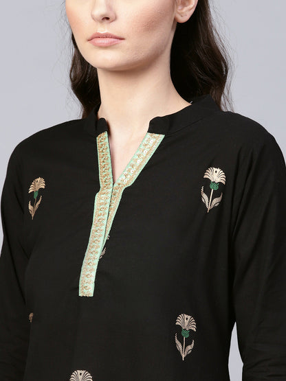Women's Black Foil Print Kurta With Black Gotta Details Sharara