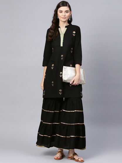 Women's Black Foil Print Kurta With Black Gotta Details Sharara