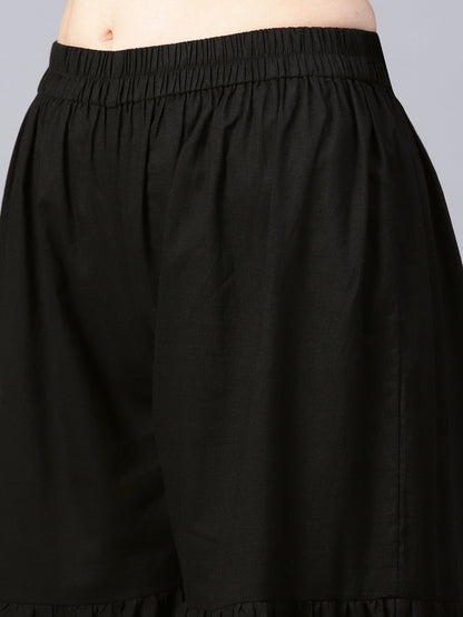 Women's Black Foil Print Kurta With Black Gotta Details Sharara