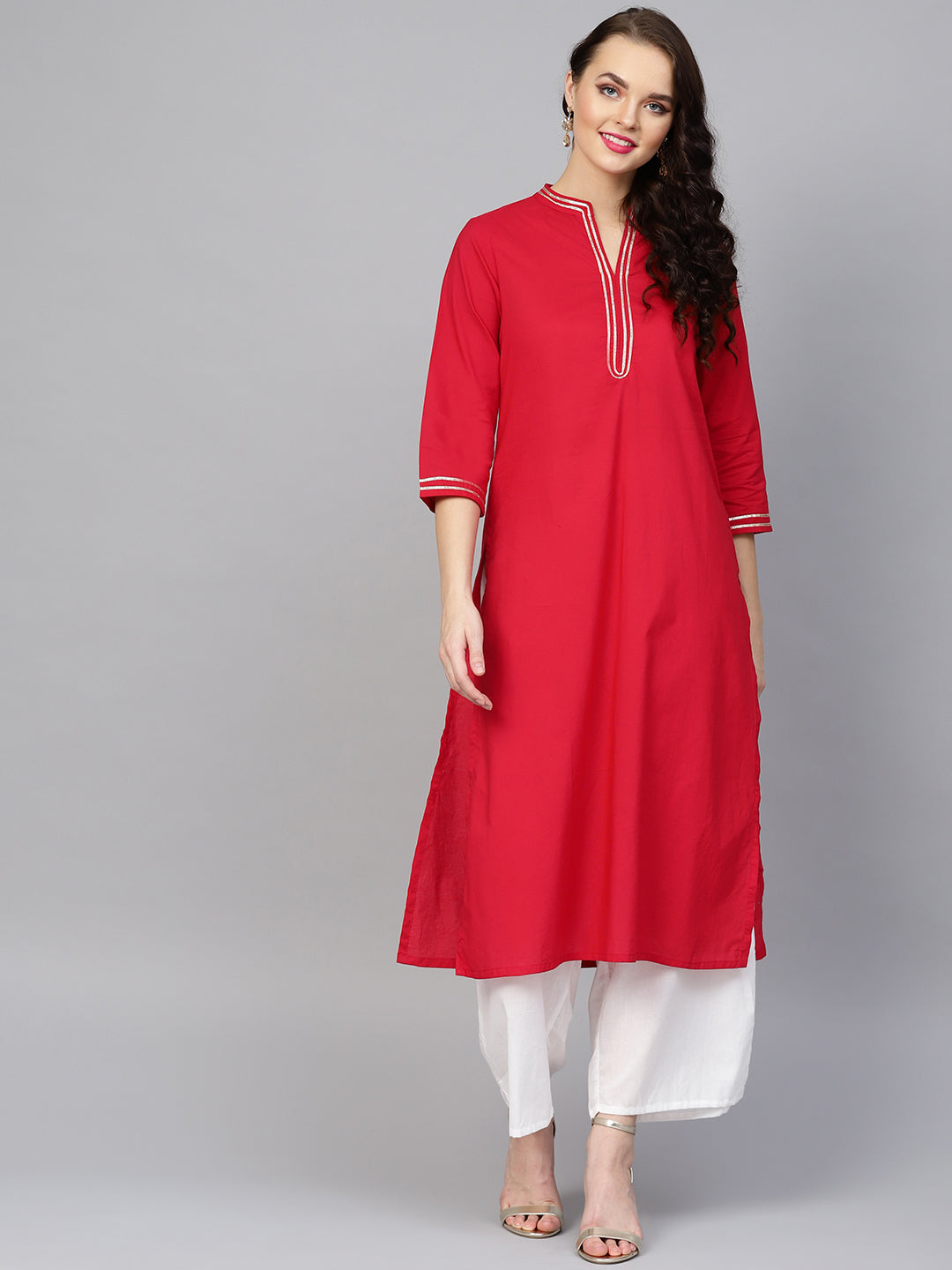 Women's Red Solid Kurta With Off White Solid Palazzos