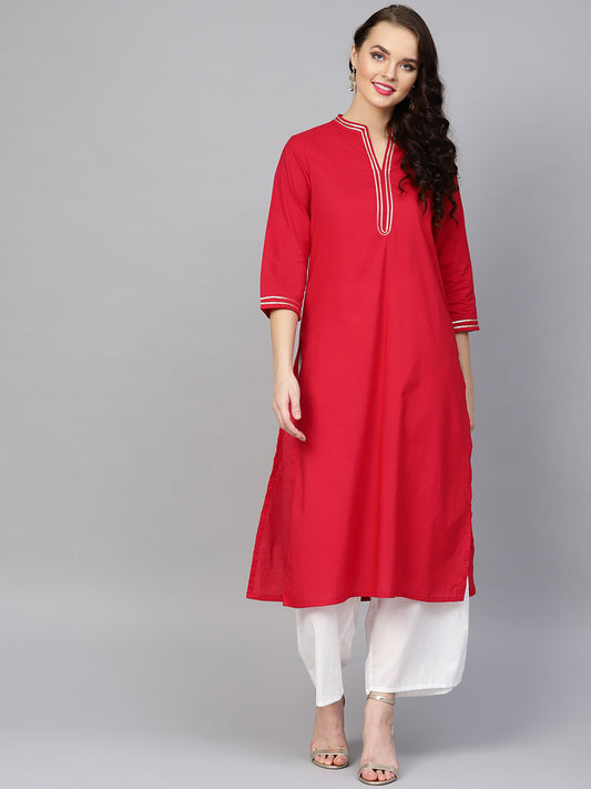 Women's Red Solid Kurta With Off White Solid Palazzos