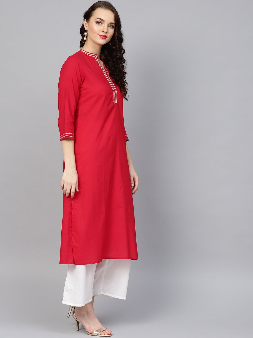 Women's Red Solid Kurta With Off White Solid Palazzos