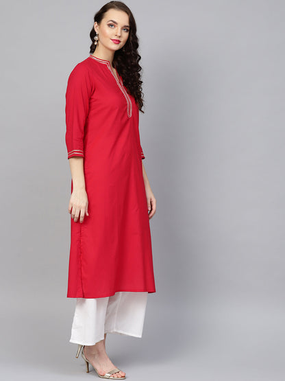 Women's Red Solid Kurta With Off White Solid Palazzos