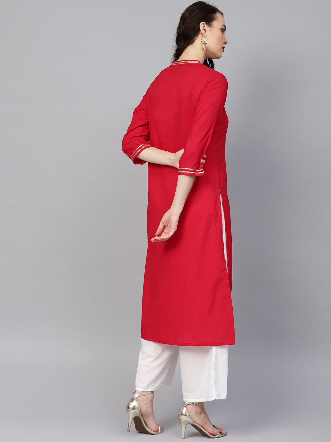 Women's Red Solid Kurta With Off White Solid Palazzos