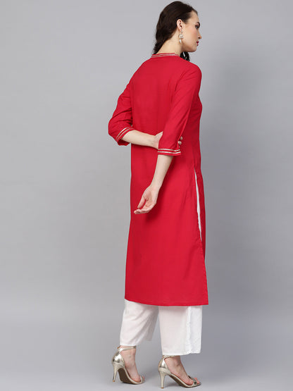 Women's Red Solid Kurta With Off White Solid Palazzos