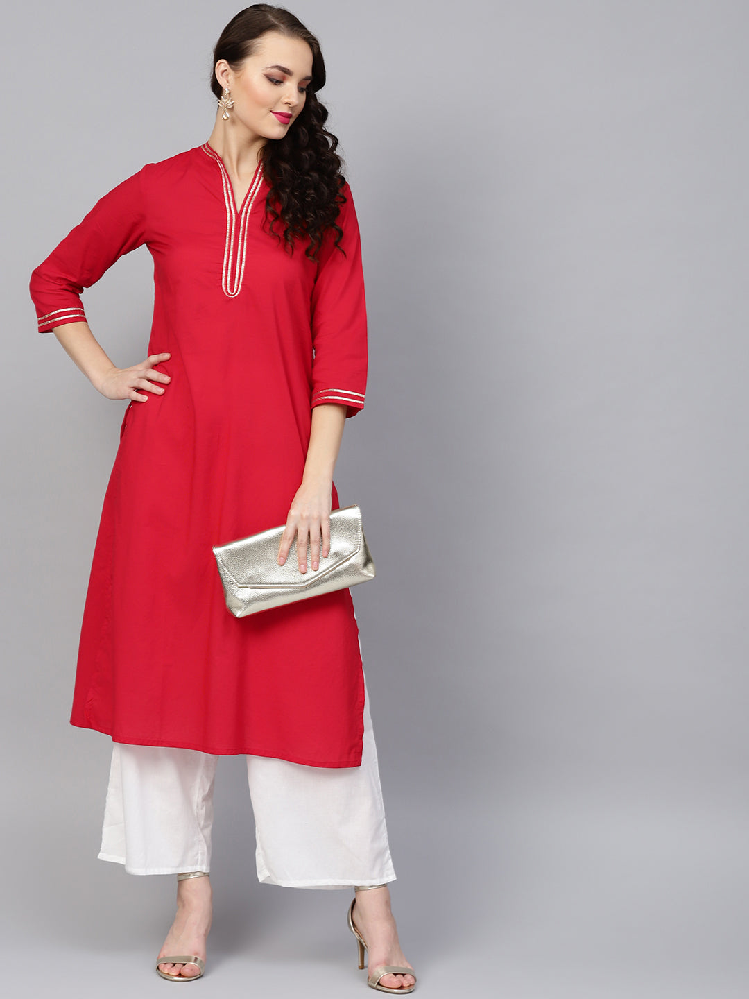 Women's Red Solid Kurta With Off White Solid Palazzos