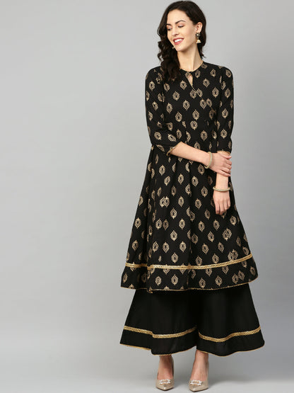 Women's Black And Golden Printed Kurta With Palazzos