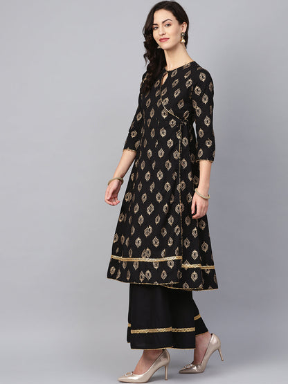Women's Black And Golden Printed Kurta With Palazzos