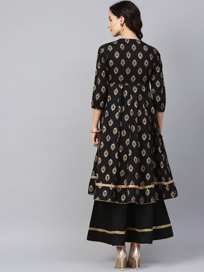 Women's Black And Golden Printed Kurta With Palazzos