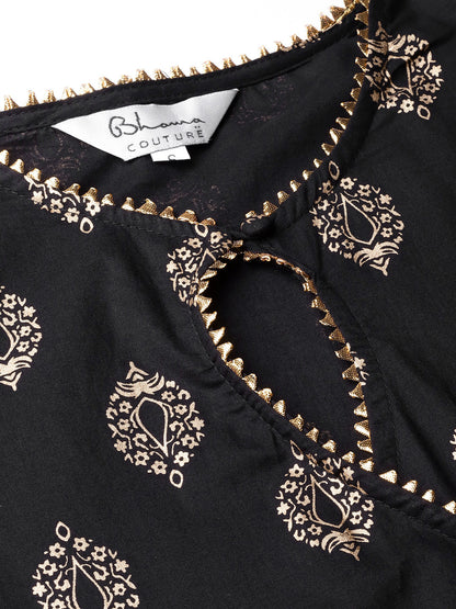 Women's Black And Golden Printed Kurta With Palazzos