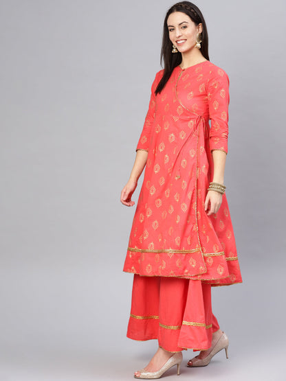 Women's Peach And Golden Printed Kurta With Palazzos