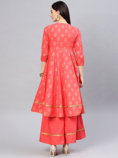 Women's Peach And Golden Printed Kurta With Palazzos