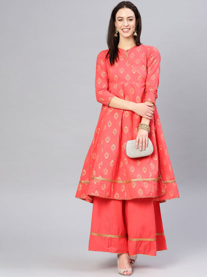Women's Peach And Golden Printed Kurta With Palazzos