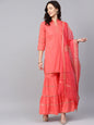 Women's Peach Solid Kurta With Sharara And Dupatta