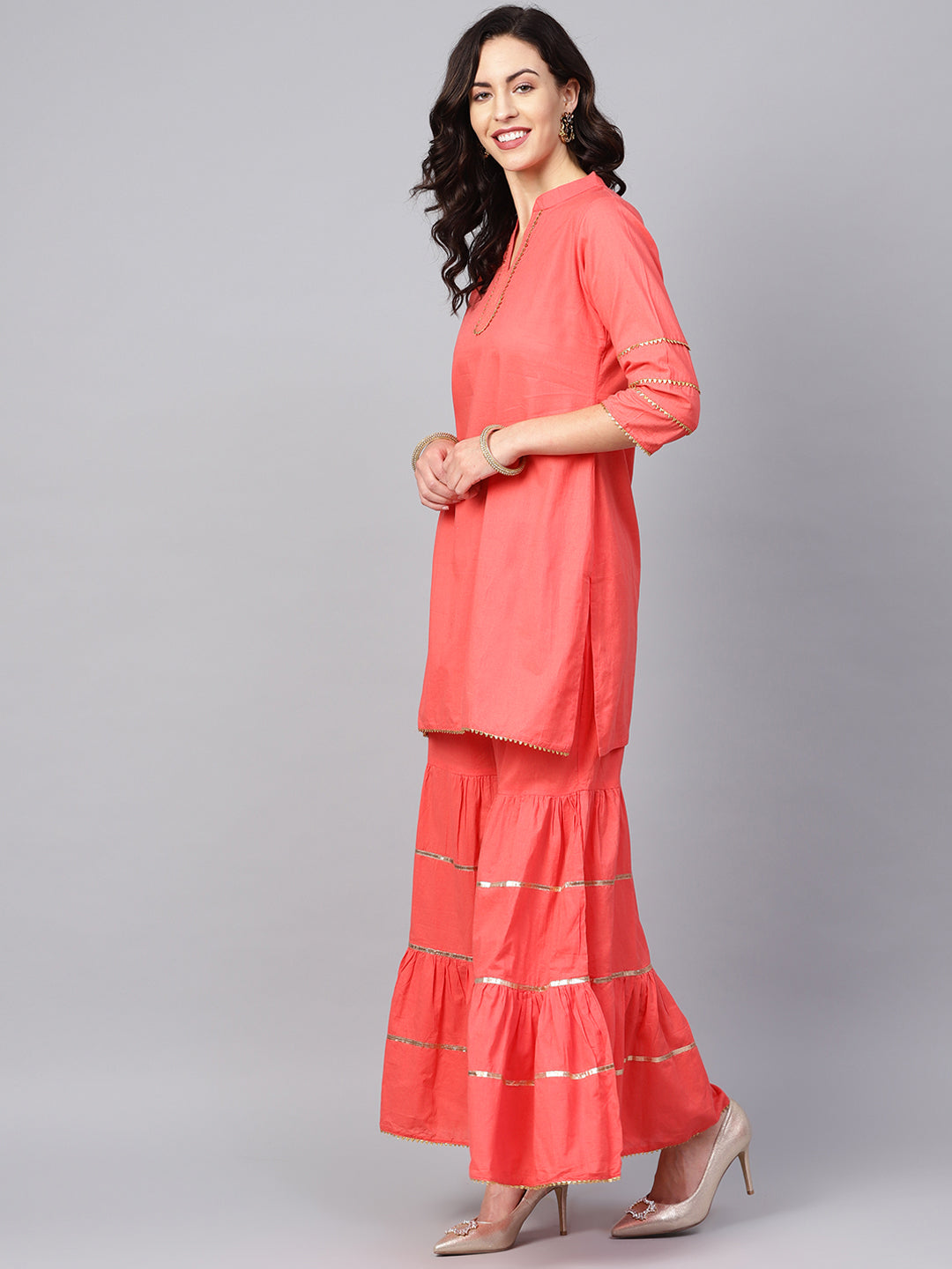 Women's Peach Solid Kurta With Sharara And Dupatta