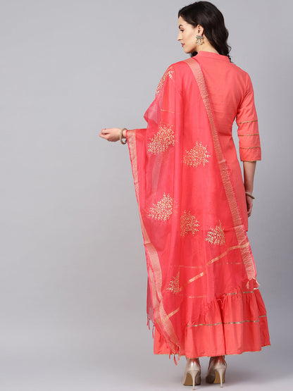 Women's Peach Solid Kurta With Sharara And Dupatta