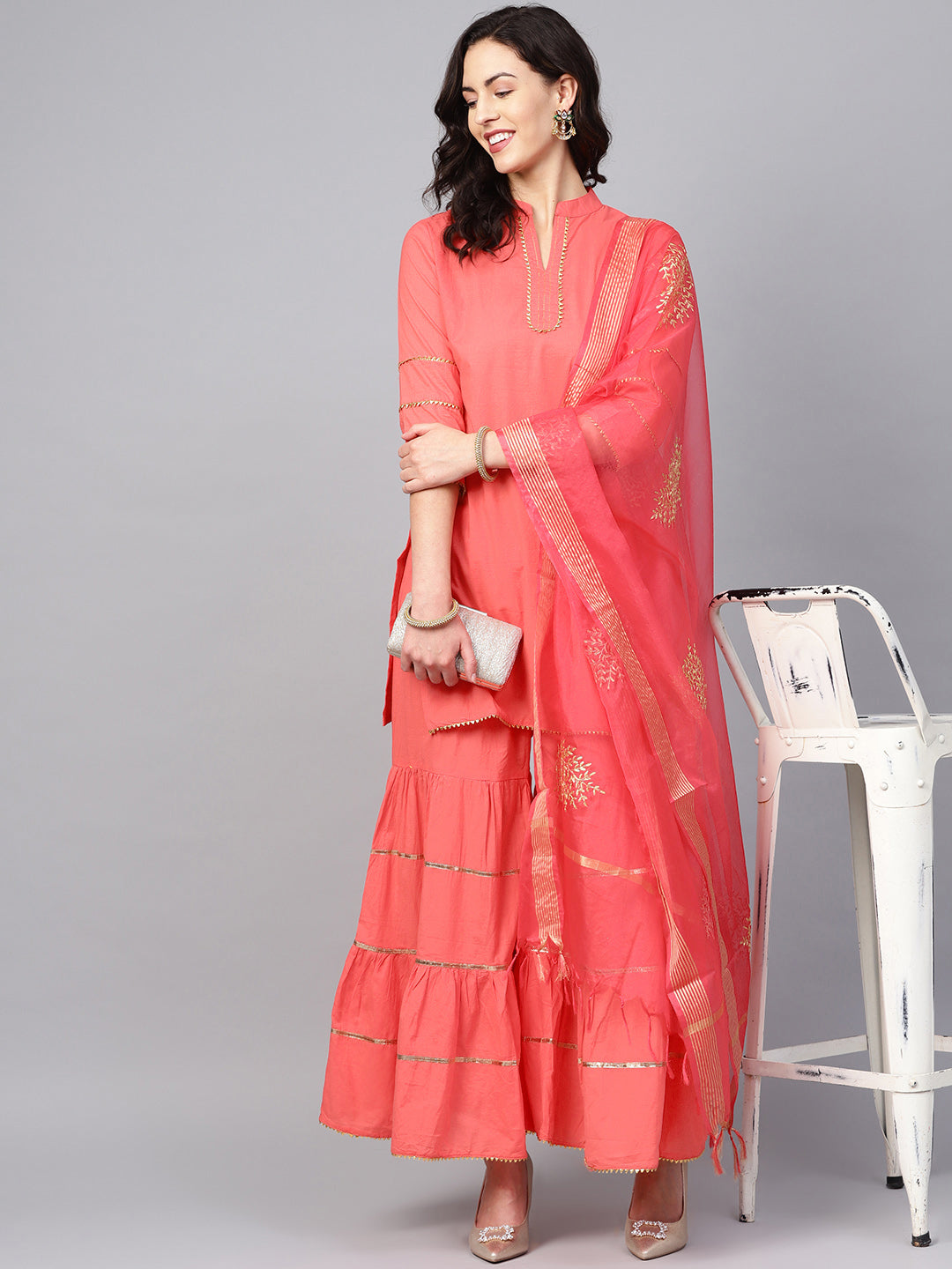Women's Peach Solid Kurta With Sharara And Dupatta
