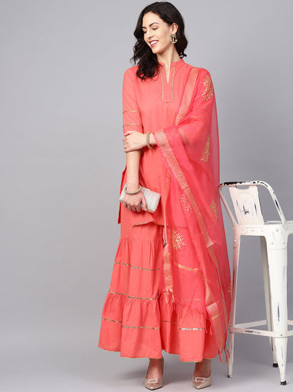 Women's Peach Solid Kurta With Sharara And Dupatta