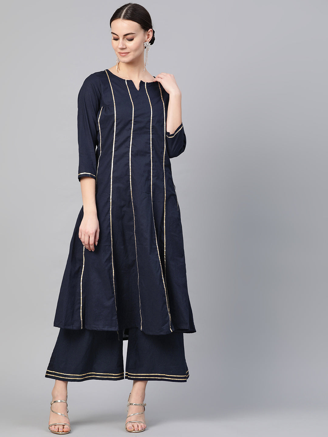 Women's Navy Blue Gottta Patti Striped Kurta With Palazzos