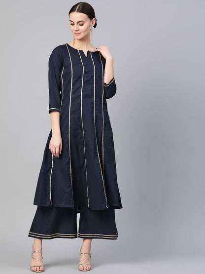 Women's Navy Blue Gottta Patti Striped Kurta With Palazzos