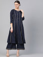Women's Navy Blue Gottta Patti Striped Kurta With Palazzos