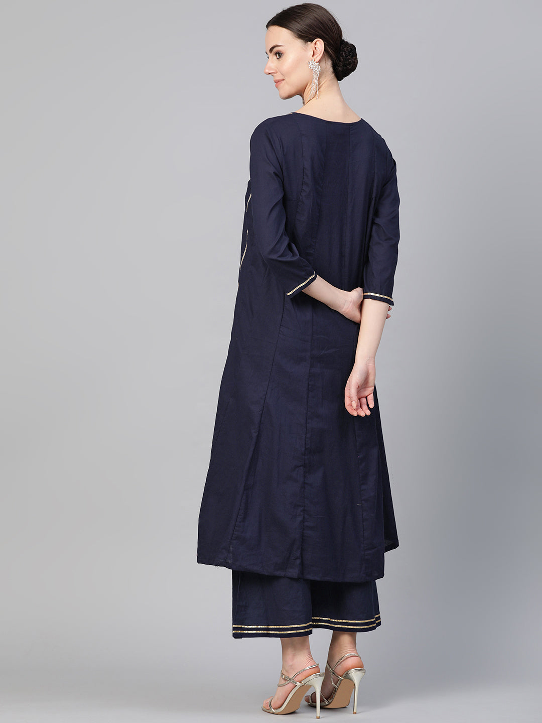 Women's Navy Blue Gottta Patti Striped Kurta With Palazzos