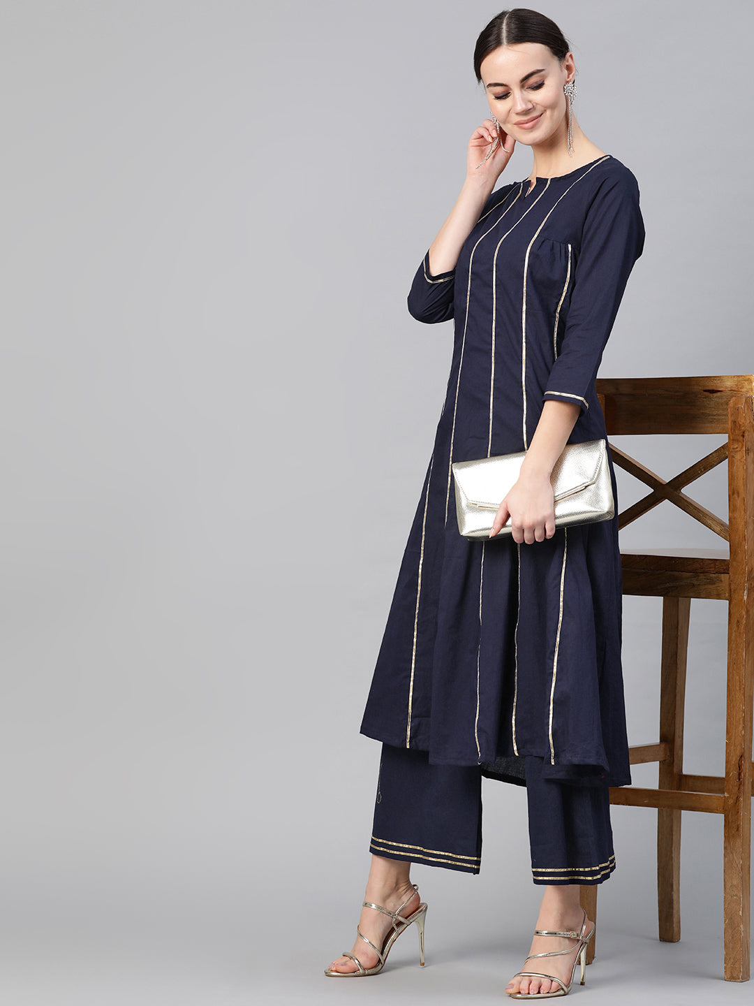 Women's Navy Blue Gottta Patti Striped Kurta With Palazzos